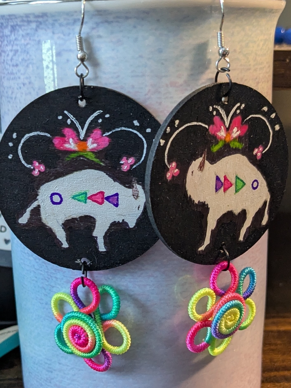 Hand-Painted White Buffalo Powwow Earrings with Neon Floral Accents